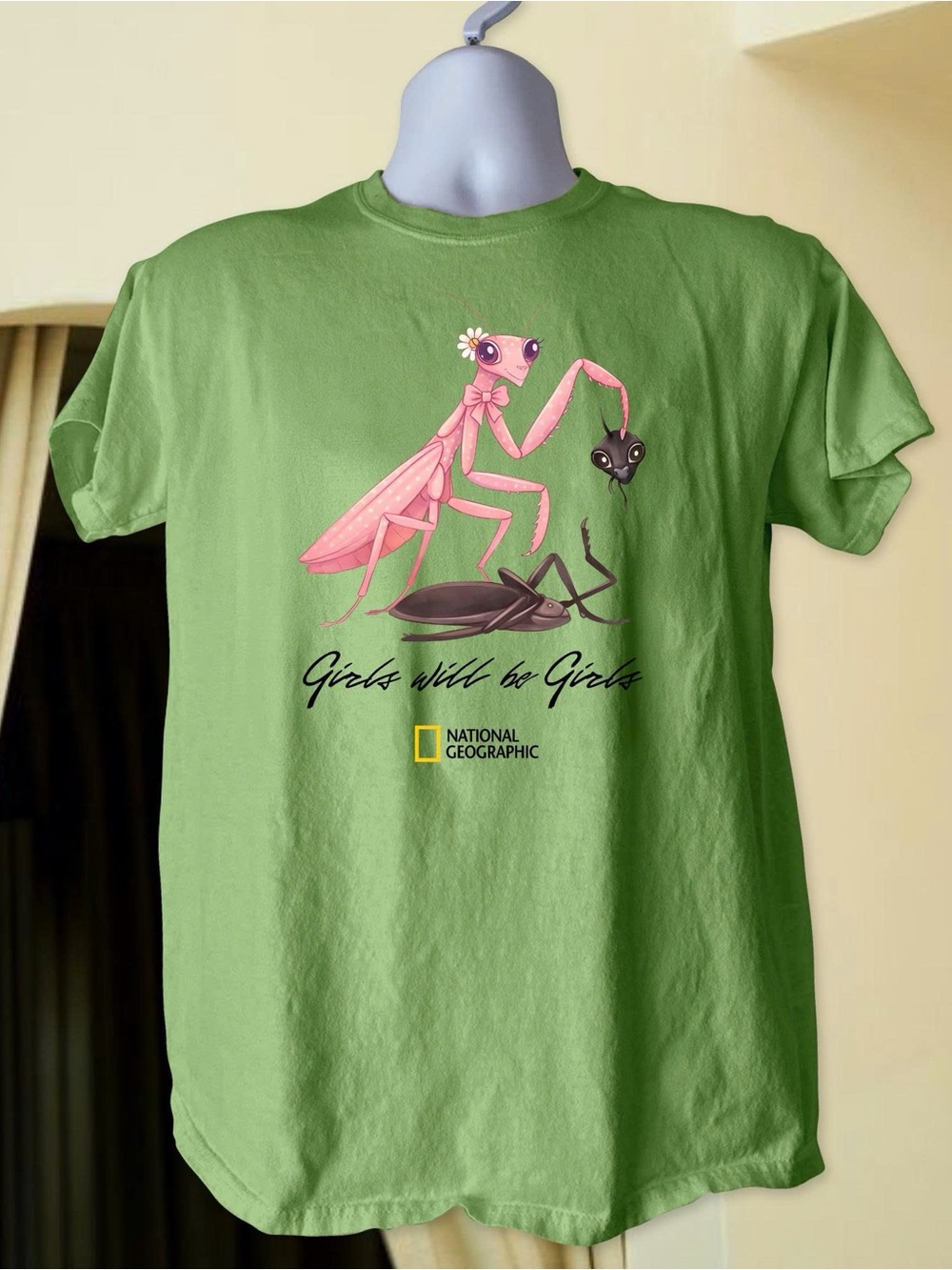 Gildan Green Short Sleeve Tee with Pink Praying Mantis Graphic
